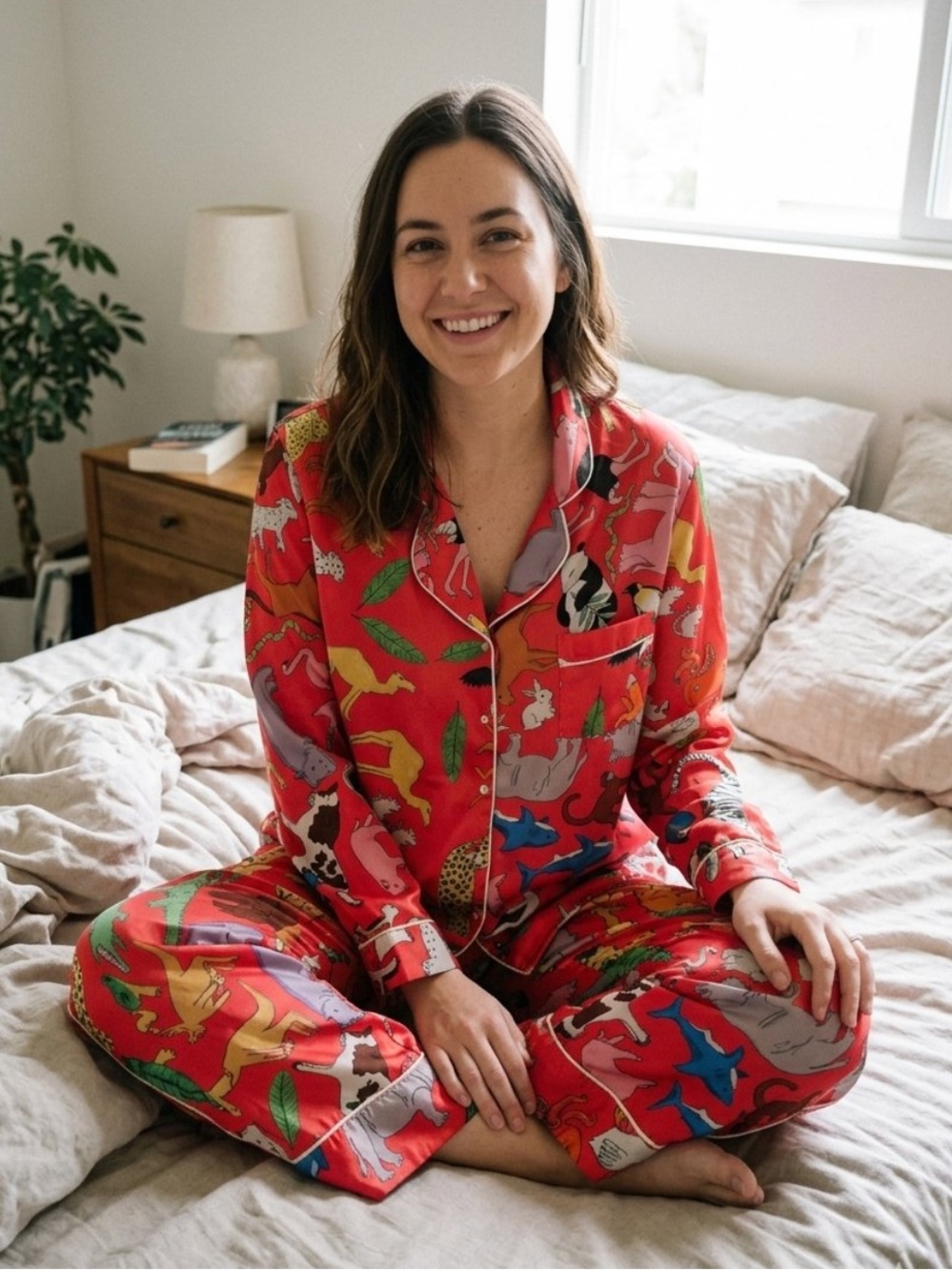 Anthropologie Karen Mabon Coral Zoo Animal Print Matching Satin Pajama Set